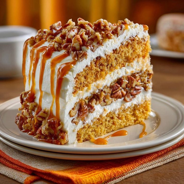 Saftiger Pecan-Karottenkuchen mit Karamell, serviert als detailreicher Anschnitt, zeigt die saftigen Schichten und das cremige Frosting.