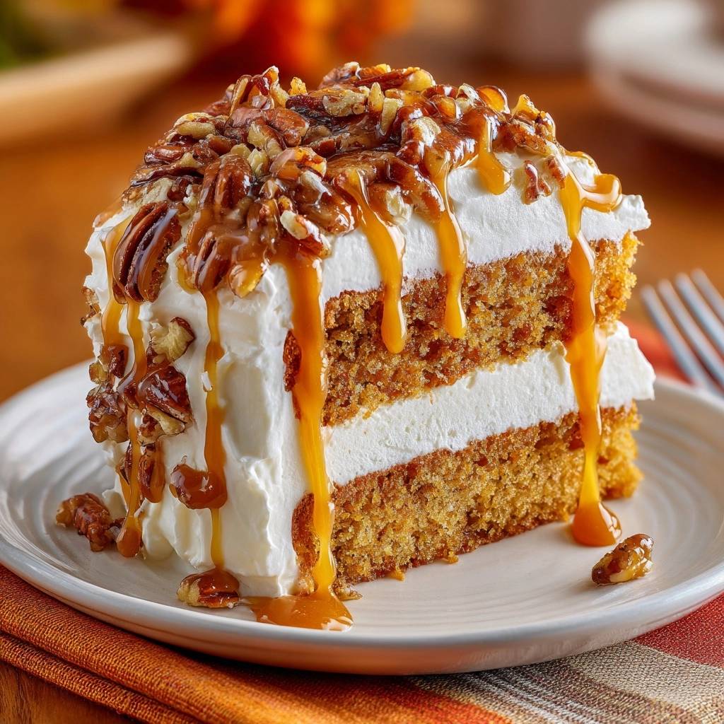 Saftiger Pecan Karottenkuchen Querschnitt 1 Saftiger Pecan-Karottenkuchen mit Karamell, ein verlockender Querschnitt, der die saftigen Schichten und das cremige Frosting zeigt.