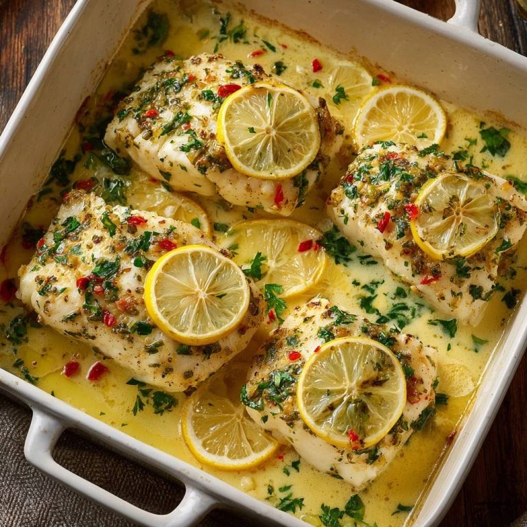 Saftiger Zitronen-Kabeljau im Ofen, von oben fotografiert, in einer Auflaufform mit Zitronenscheiben und Kräutern gebacken. Ein köstliches Fischgericht.