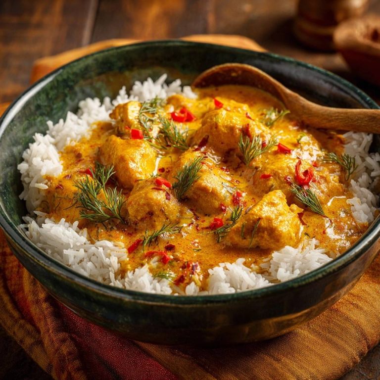 Saftiges Dill-Hähnchen-Curry mit Reis in einer Nahaufnahme, serviert mit duftendem Basmatireis und frischen Kräutern dekoriert.