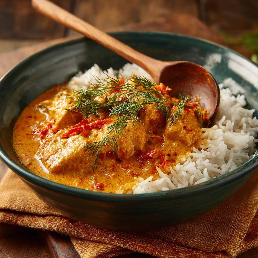 Saftiges Dill Huhnchen Curry Mit Reis Serviert 1 Saftiges Dill-Hähnchen-Curry mit Reis, serviert in einer tiefen Schüssel, garniert mit frischem Dill und serviert mit fluffigem Reis.
