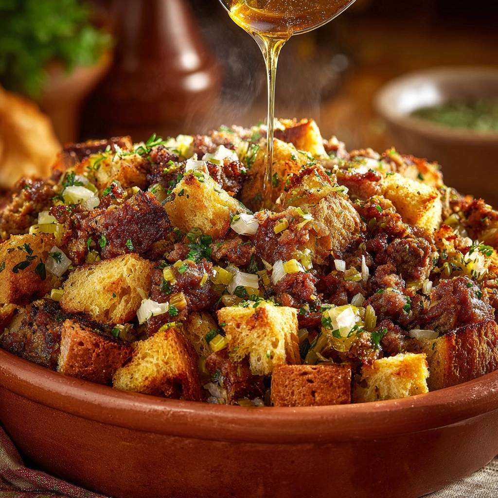 Saftiges Maisbrot Dressing Mit Speck Guss 1 Saftiges Maisbrot-Dressing mit Speck, beträufelt mit goldfarbener Flüssigkeit. Das Dressing ist in einer rustikalen Tonschale angerichtet.
