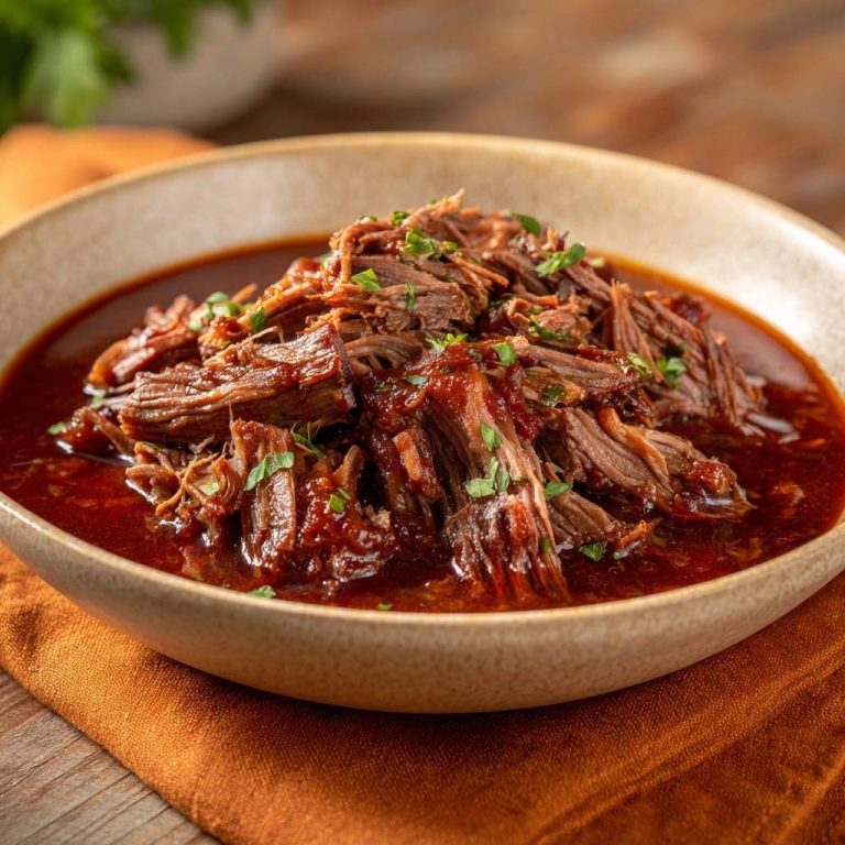 Saftiges Pulled Beef in Tomaten-BBQ-Soße, serviert in einer rustikalen Schüssel, garniert mit frischer Petersilie, ein herzhaftes Gericht.