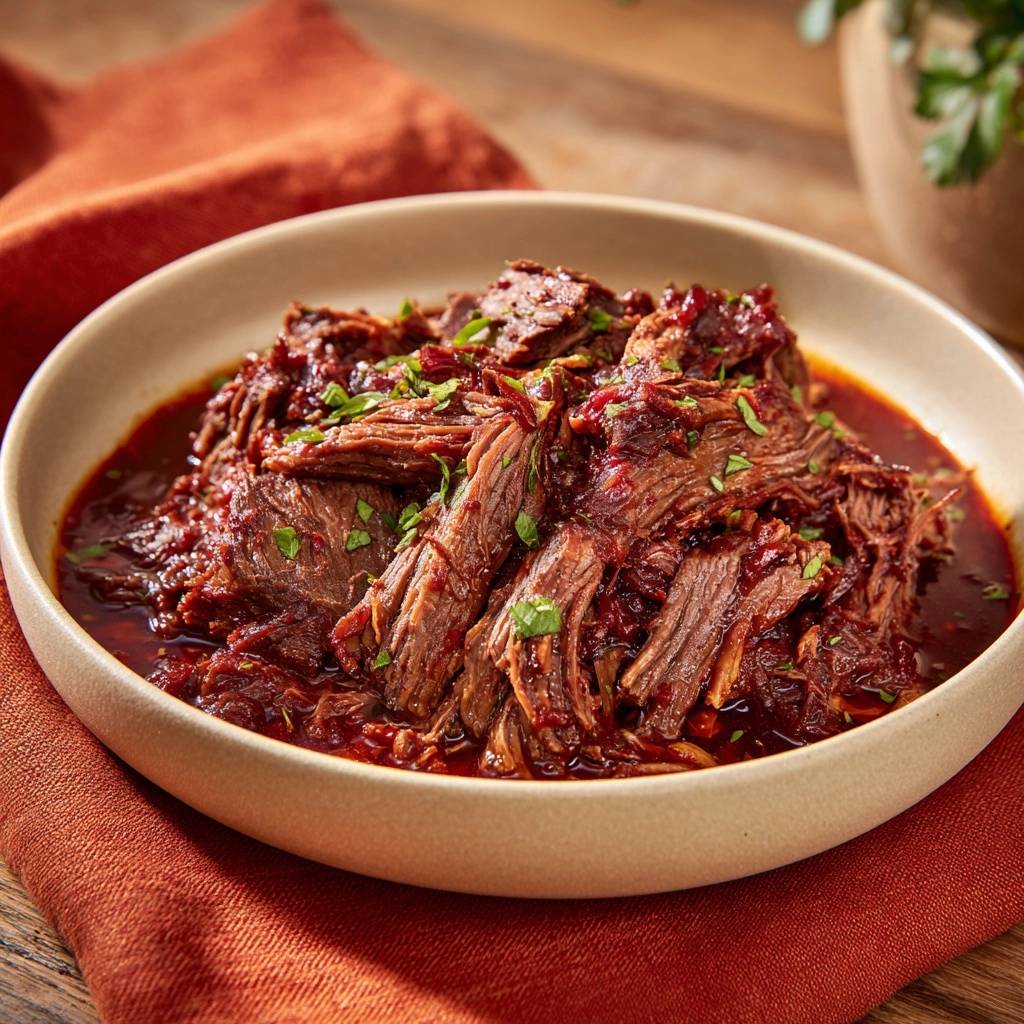 Saftiges Pulled Beef Tomaten Bbq Sosze Serviert 1 Saftiges Pulled Beef in Tomaten-BBQ-Soße serviert in einer cremefarbenen Schüssel, mit frischen Kräutern garniert. Ein herzhaftes Gericht.