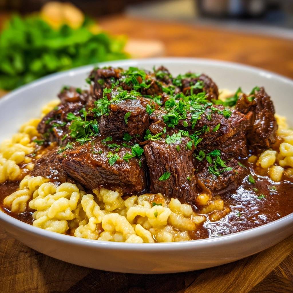 Saftiges Rindergulasch Mit Spaetzle Serviert 1 Saftiges Rindergulasch mit Spätzle, serviert in einer Bowl, garniert mit frischer Petersilie und serviert auf goldgelben Spätzle.