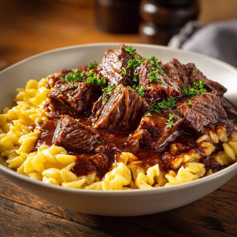 Saftiges Rindergulasch mit Spätzle, serviert in einer Schüssel, garniert mit frischer Petersilie, und bereit zum Essen auf einem Holztisch.