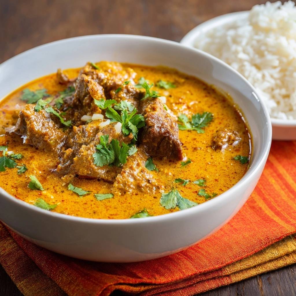 Saftiges Rindfleisch Curry Mit Reis Butterzart Serviert 1 Saftiges Rindfleisch-Curry mit Reis – butterzart, serviert in einer weißen Schüssel, garniert mit frischen Kräutern, bereit zum Genießen.