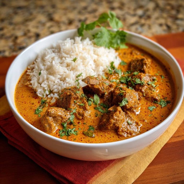 Saftiges Rindfleisch-Curry mit Reis, serviert in einer weißen Schüssel, garniert mit frischer Koriander und serviert mit lockerem Reis.
