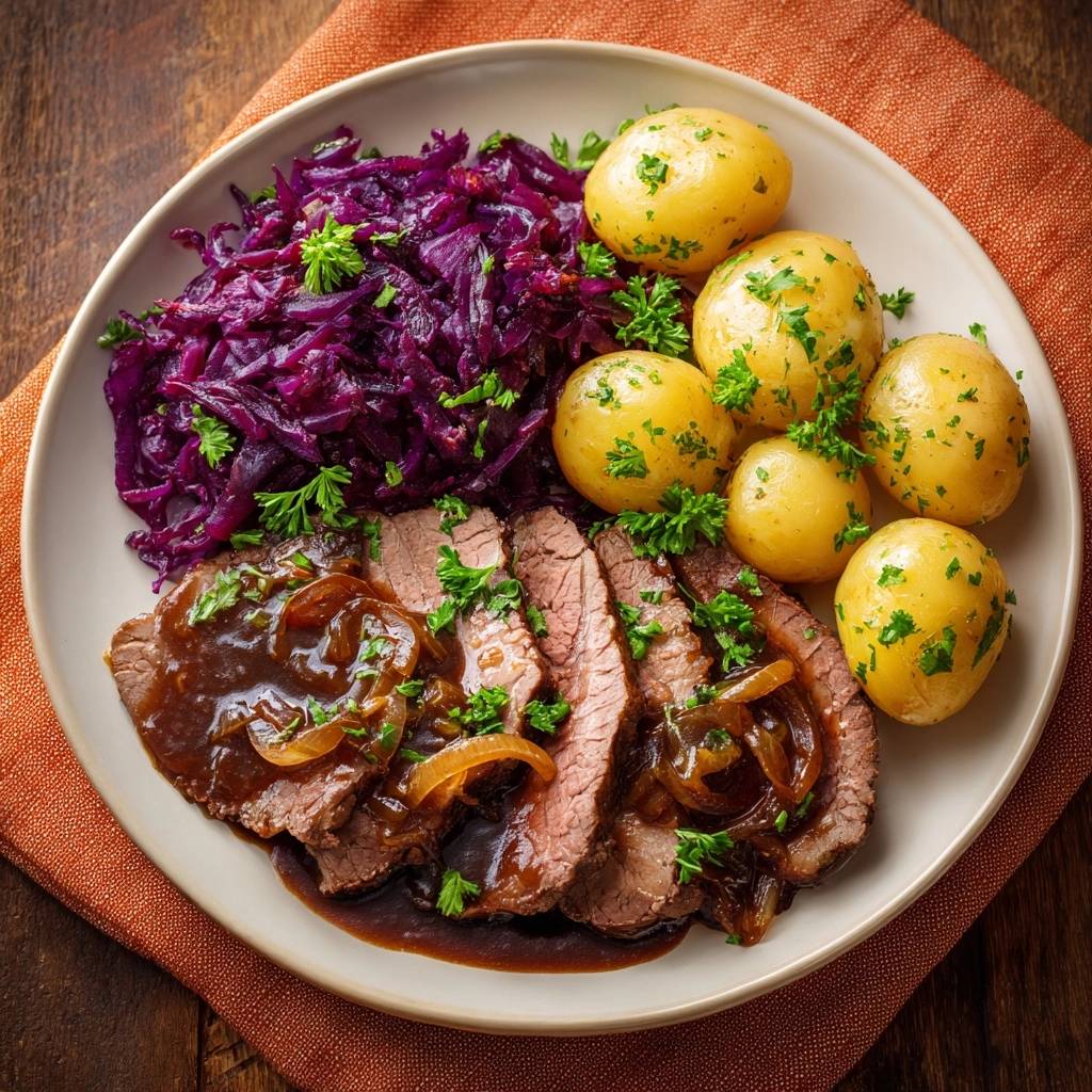 Saftiges Rindfleisch Mit Zwiebelso E Serviert 1 Saftiges Rindfleisch mit Zwiebelsoße serviert auf einem Teller mit Rotkohl und Kartoffeln, garniert mit frischer Petersilie.