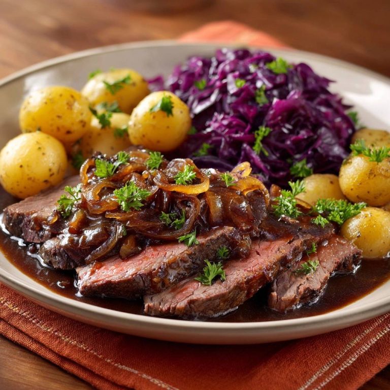 Saftiges Rindfleisch mit Zwiebelsoße serviert auf einem Teller mit Kartoffeln und Rotkohl, garniert mit frischer Petersilie.