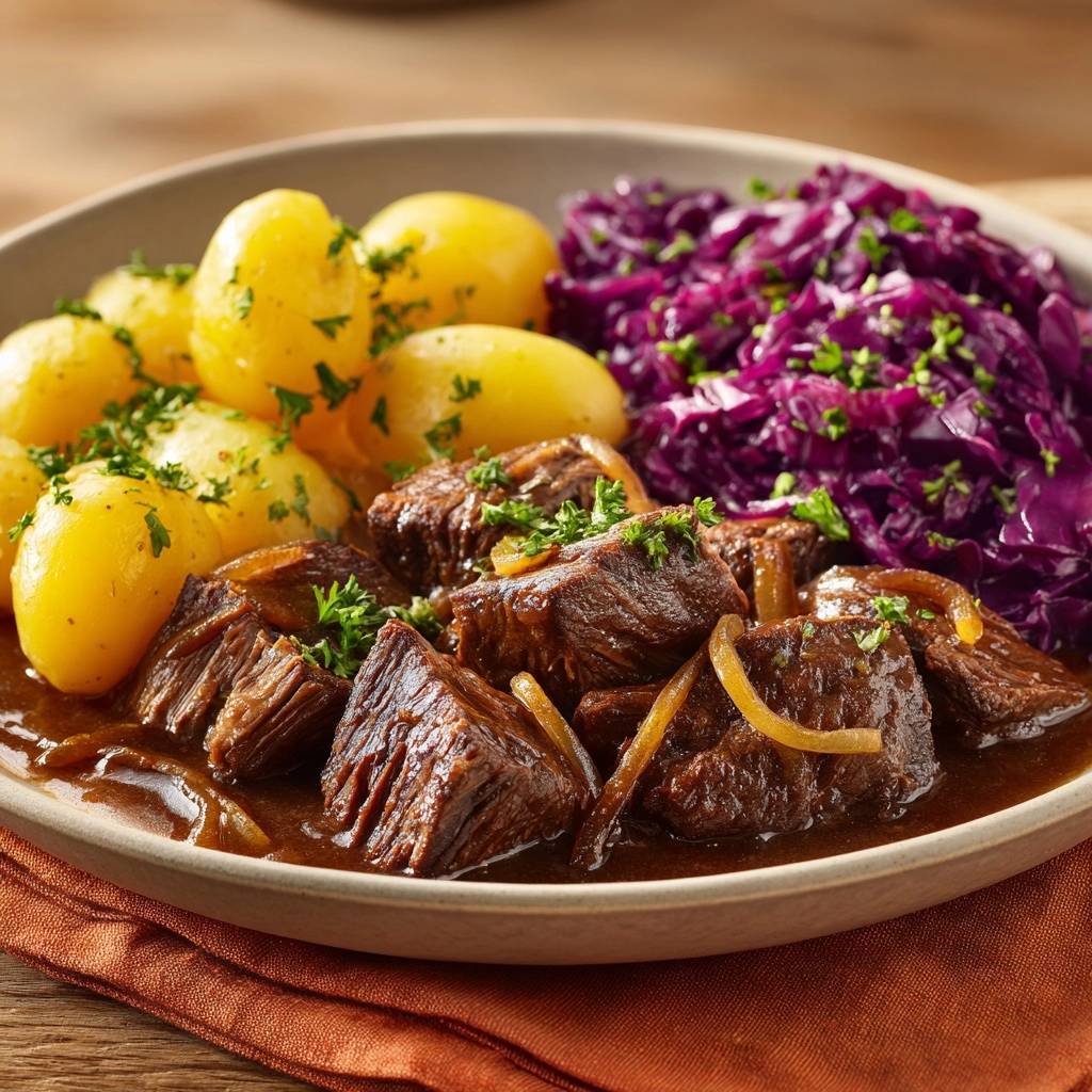 Saftiges Zwiebelrind Serviert 1 Saftiges Zwiebelrind mit Rotkohl und Salzkartoffeln serviert in einem Teller, garniert mit frischer Petersilie.