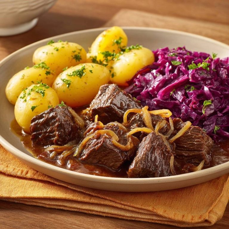 Saftiges Zwiebelrind mit Rotkohl und Salzkartoffeln serviert auf einem Teller, mit Zwiebeln und Petersilie garniert.