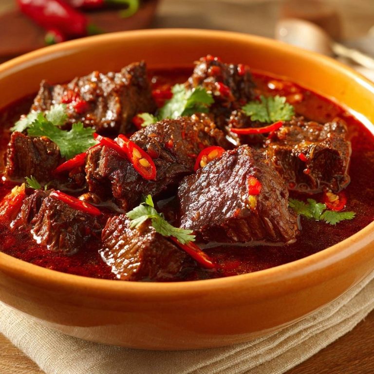 Scharfes Chili-Rindfleisch-Curry in einer rustikalen Schale, garniert mit frischer Koriander und Chili-Scheiben, im Detail zu sehen.
