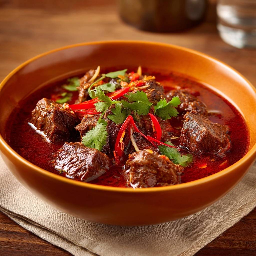 Scharfes Chili Rindfleisch Curry Nahaufnahme Garniert 1 Scharfes Chili-Rindfleisch-Curry in Nahaufnahme, garniert mit frischem Koriander und roten Chili-Scheiben für einen intensiven Geschmack.