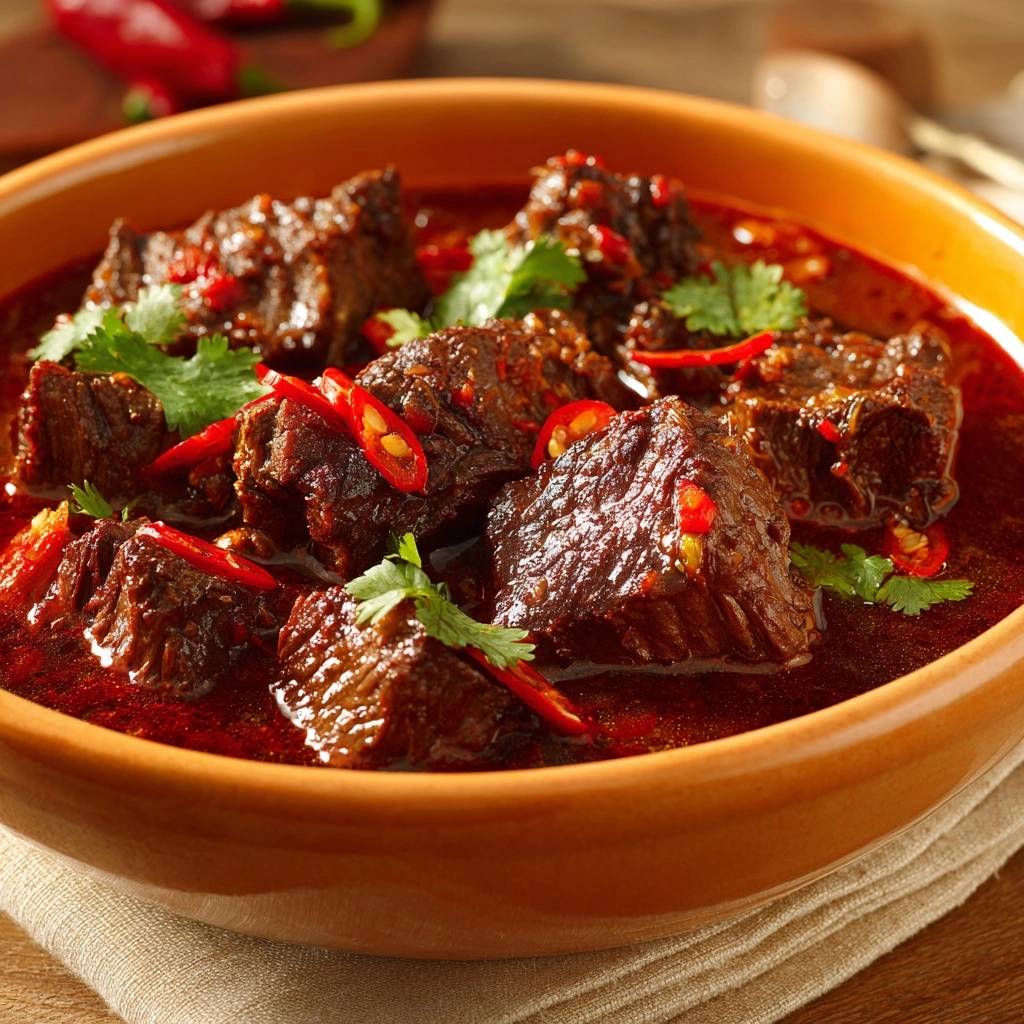 Scharfes Chili-Rindfleisch-Curry in einer rustikalen Schale, garniert mit frischer Koriander und Chili-Scheiben, im Detail zu sehen.