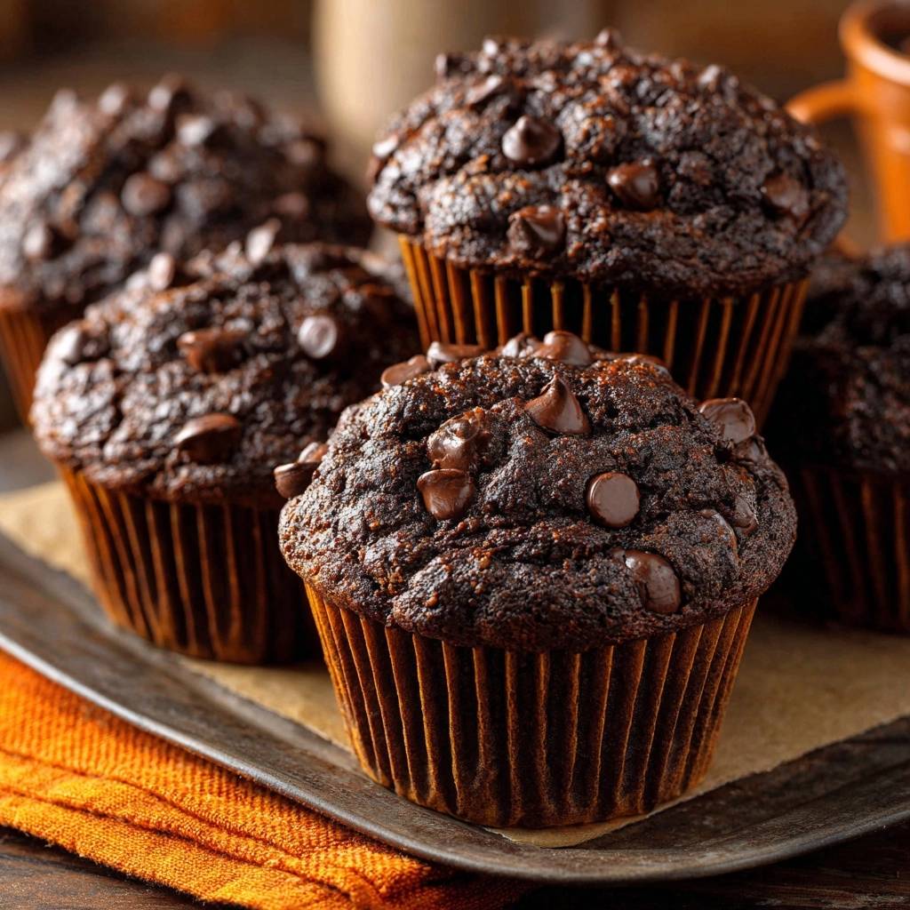 Schoko Chip Muffins Nahaufnahme 1 Schoko-Chip-Muffins, von oben betrachtet, mit Schokostückchen garniert und in goldfarbenen Muffinförmchen gebacken. Der saftige Teig ist mit Schokotropfen bedeckt.
