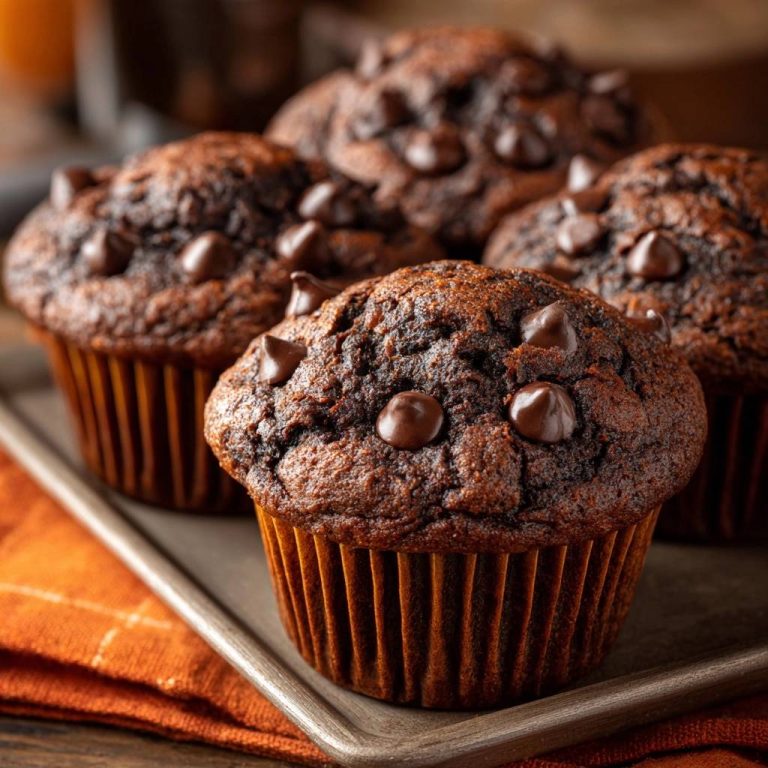 Schoko-Chip-Muffins Nahaufnahme, die perfekt gebackenen, schokoladigen Muffins mit Schokostückchen in Papierförmchen zeigen.