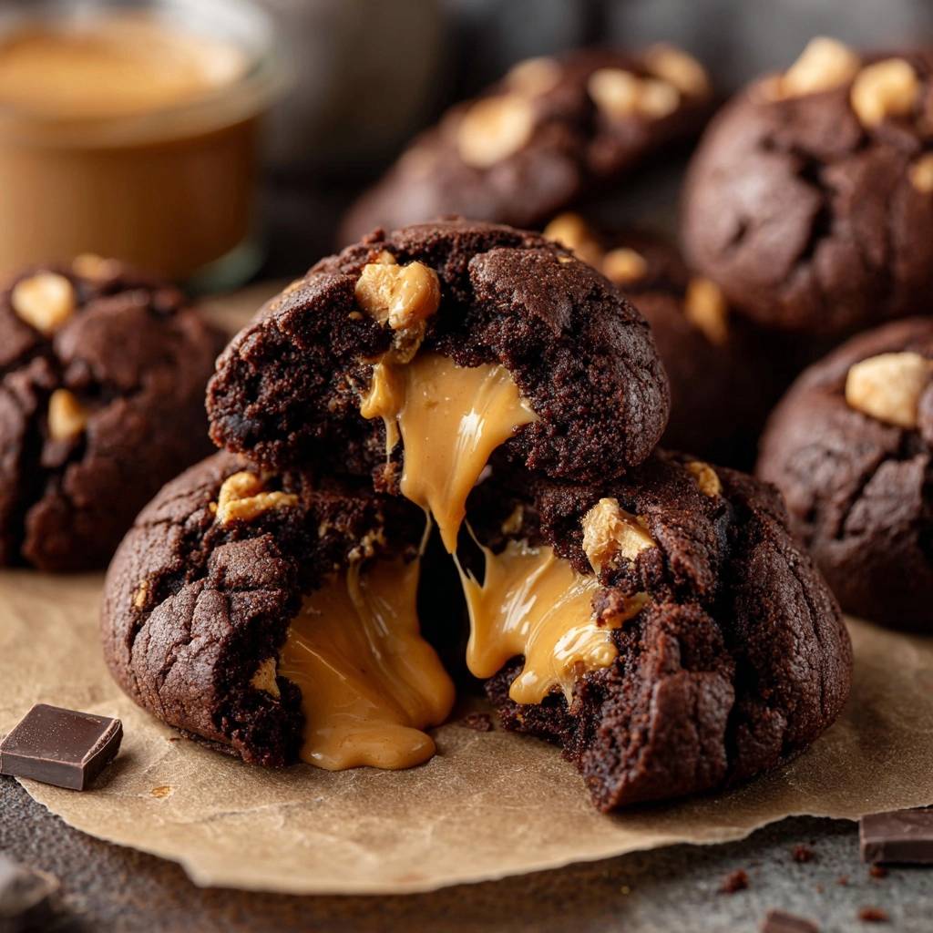 Schoko Erdnuss Gefuellte Cookies Querschnitt 1 Schoko-Erdnuss-Gefüllte Cookies im Nahaufnahme mit flüssiger Karamellfüllung, die aus einem frisch gebackenen Cookie herausfließt.