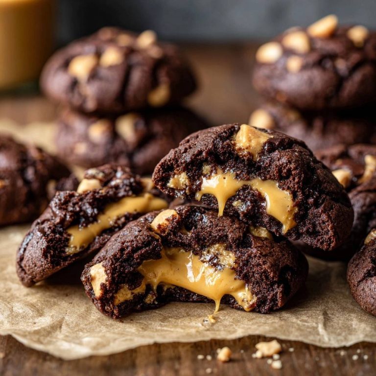 Schoko-Erdnuss-Gefüllte Cookies im Nahaufnahme, mit einem Blick auf den geschmolzenen Erdnussbutter-Kern, der aus dem Anschnitt fließt.