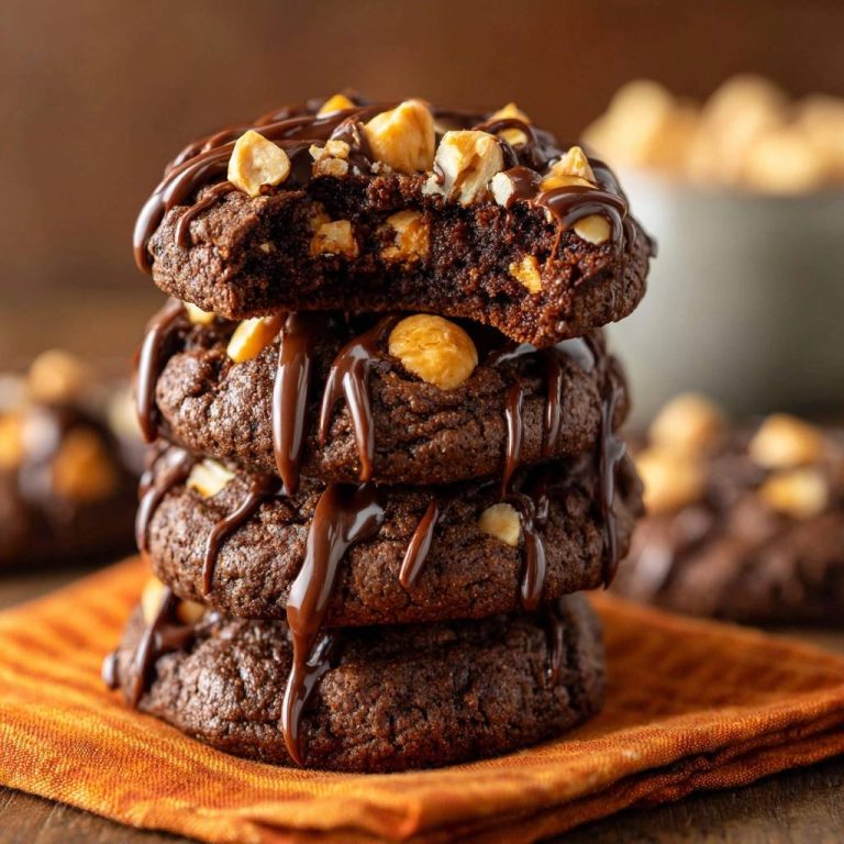 Schoko-Haselnuss-Cookies mit Schokosauce und Haselnüssen, in Nahaufnahme mit einem angeschnittenen Cookie, der die Textur zeigt.