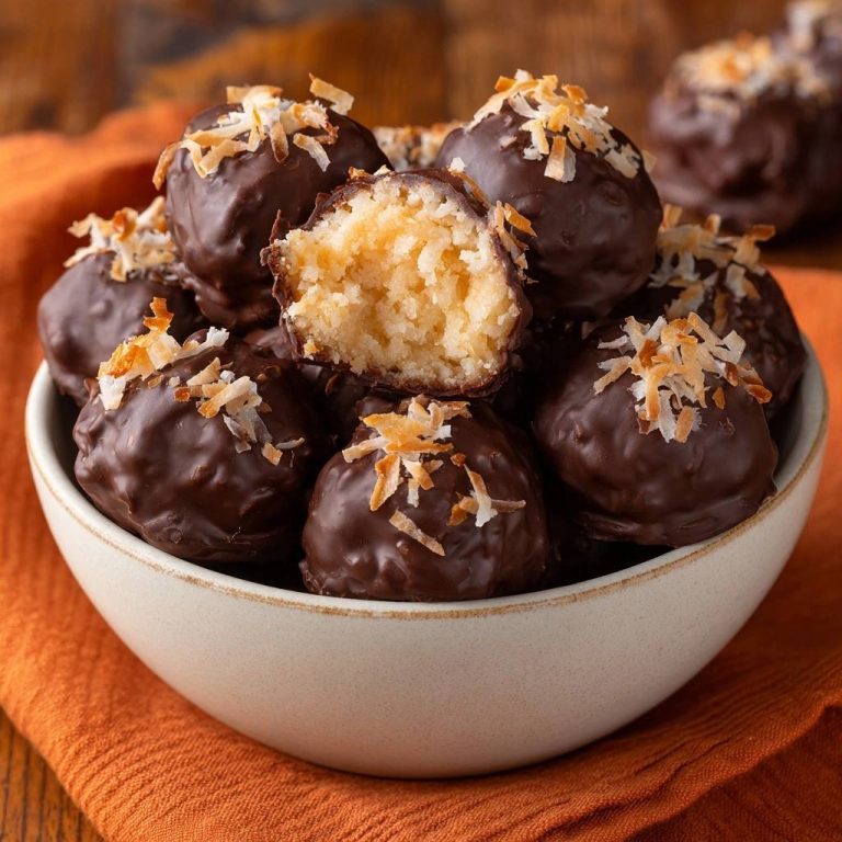 Schoko-Kokos-Bällchen mit einem köstlichen Querschnitt, der die saftige Kokosnussfüllung zeigt, garniert mit Kokosflocken.