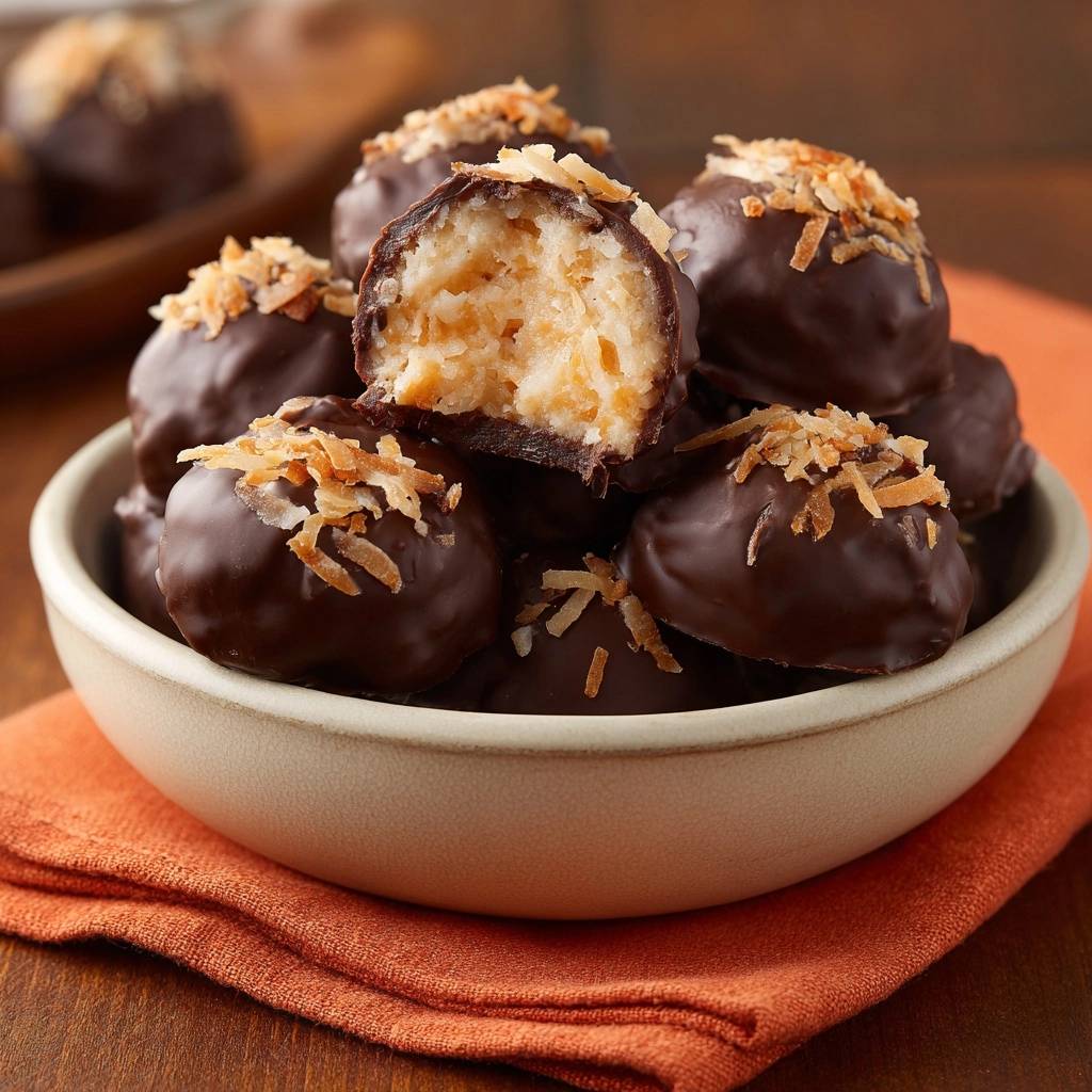 Schoko Kokos Baellchen Querschnitt Nahaufnahme 1 Schoko-Kokos-Bällchen in Nahaufnahme, mit einem Biss, der die cremige Kokos-Füllung und Schokoladenhülle zeigt.