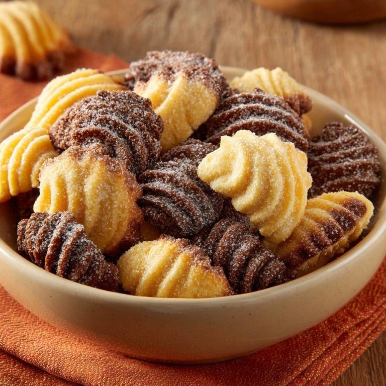 Schoko-Vanille-Spiralplätzchen sind in einer Schüssel mit Puderzucker bestäubt zu sehen, die zum Naschen verlocken.