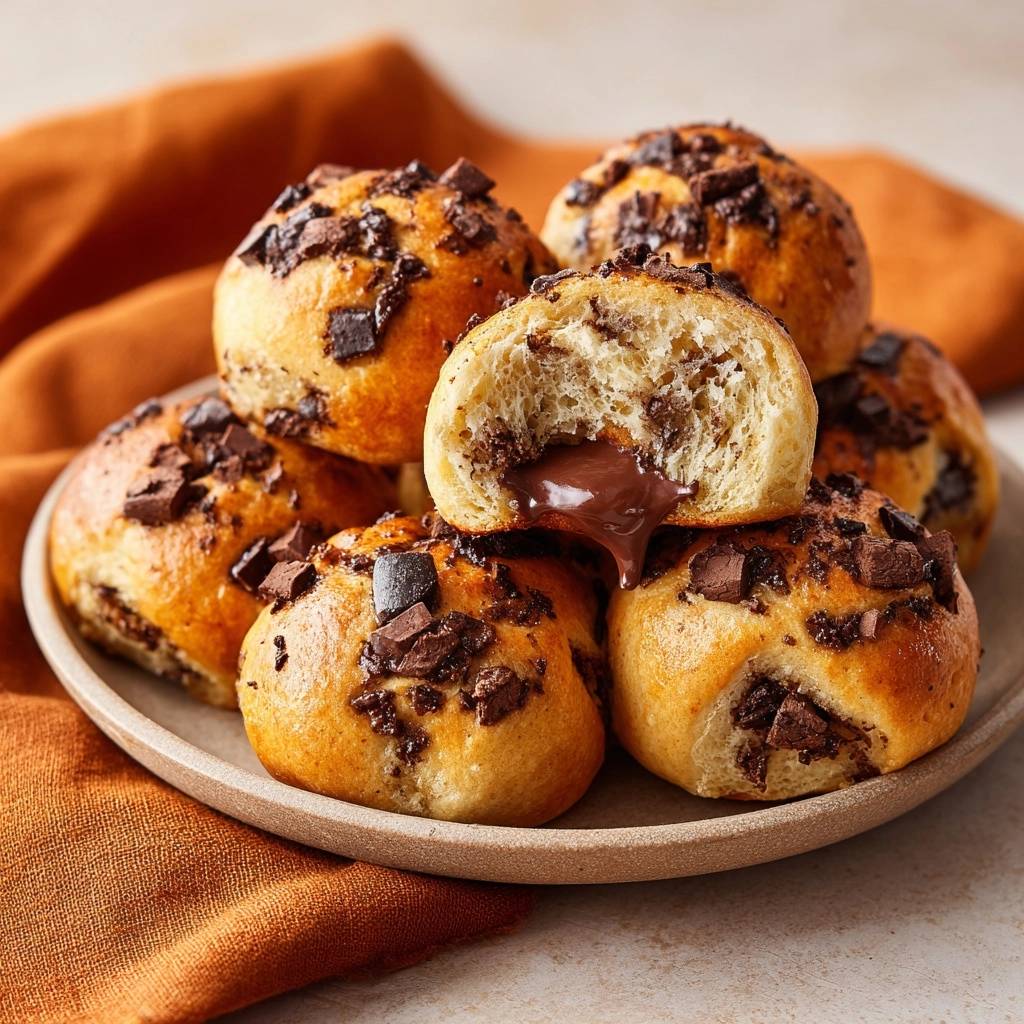 Schokoladen Gefuellte Hefebaellchen Querschnitt 1 Schokoladen gefüllte Hefebällchen zeigen einen verführerischen Querschnitt, der die geschmolzene Schokoladenfüllung offenbart. Die fluffigen Hefebällchen sind mit Schokoladenstückchen bedeckt.