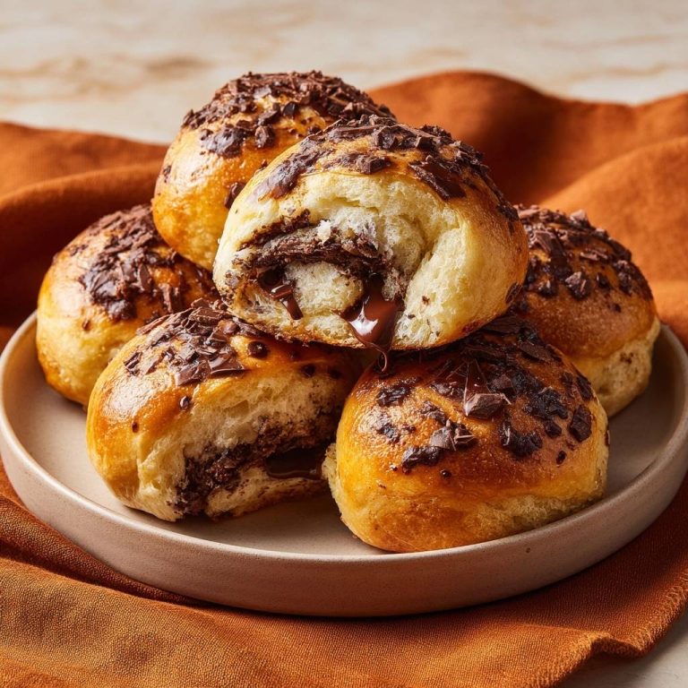 Schokoladen gefüllte Hefebällchen in Nahaufnahme, mit einem angeschnittenen Hefebällchen, das eine cremige Schokoladenfüllung zeigt.