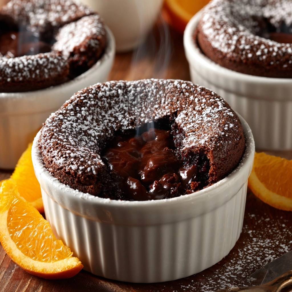 Schokoladen Lava Kuchen Mit Orangen Querschnitt 1 Schokoladen-Lava-Kuchen mit Orangen im Nahaufnahme: Ein dampfender Querschnitt zeigt den flüssigen Schokoladenkern. Dazu frische Orangenstücke.