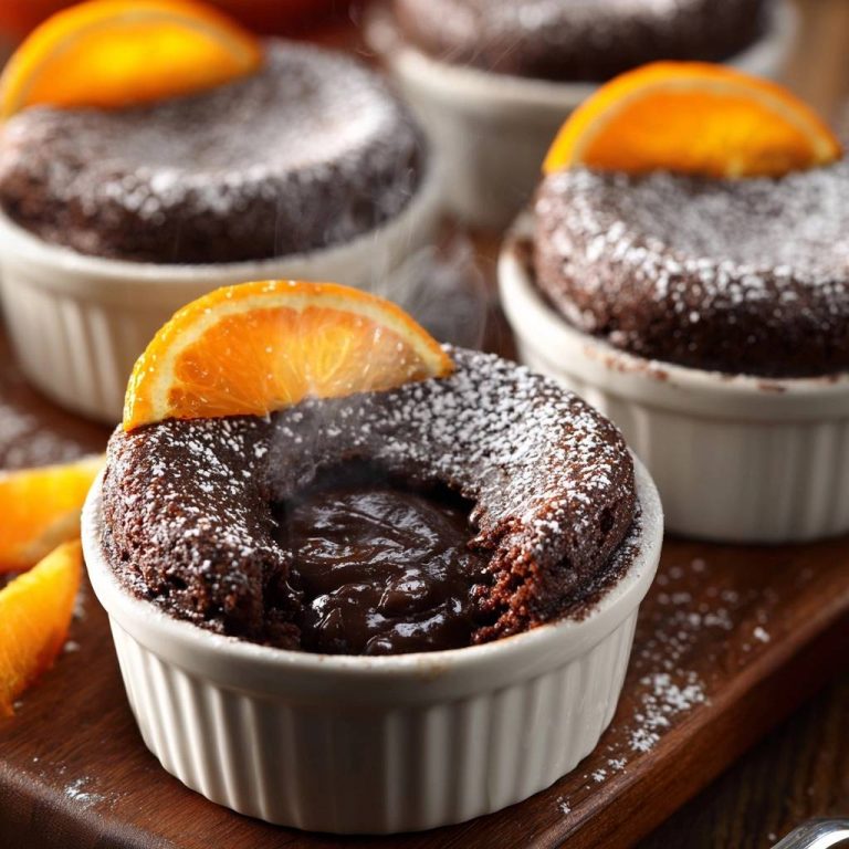 Schokoladen-Lava-Kuchen mit Orangen im Nahaufnahme, zeigt den flüssigen Schokoladenkern und eine Orangenscheibe als Garnierung.