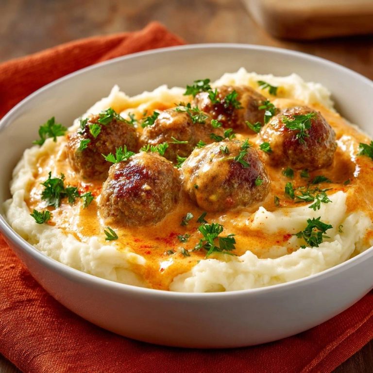 Schwedische Fleischbällchen in Currysoße auf Püree, serviert in einer weißen Schüssel, garniert mit frischer Petersilie und Paprikapulver.