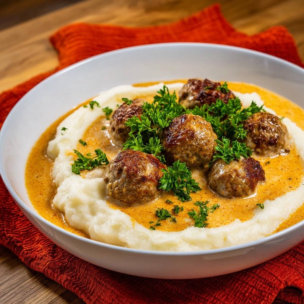Schwedische Fleischbaellchen In Curryso E Auf Puree Serviert 1 Schwedische Fleischbällchen in Currysoße auf Püree serviert in einer weißen Schüssel, garniert mit frischer Petersilie und serviert.