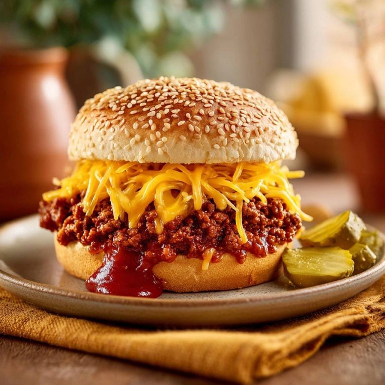 Sloppy Joe Burger in Nahaufnahme mit geschmolzenem Käse und Soße, die aus dem Brötchen tropft, serviert auf einem Teller.