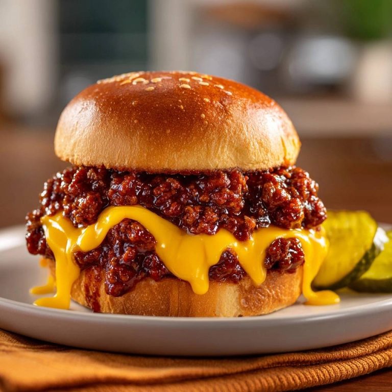 Sloppy Joe Burger in Nahaufnahme mit geschmolzenem Käse, der über das saftige Fleisch und das Brötchen tropft. Köstliches Mittagessen.