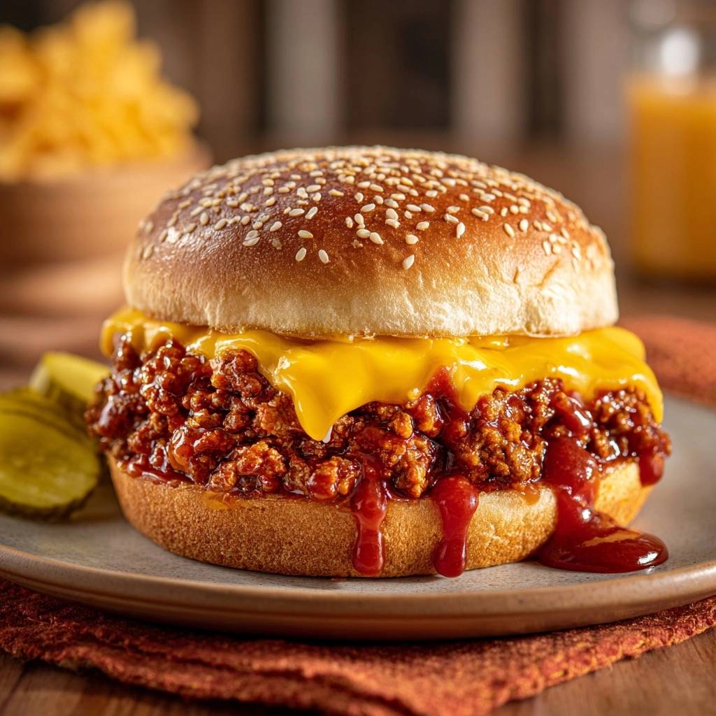Sloppy Joe Burger Nahaufnahme Mit Kse 1 Sloppy Joe Burger in Nahaufnahme mit geschmolzenem Käse und Soße, die über den Brötchenrand tropft. Ein herzhaftes Gericht.