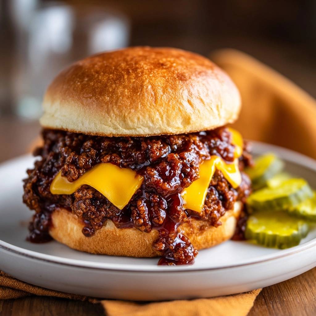 Sloppy Joe Burger Serviert 1 Sloppy Joe Burger serviert auf einem Teller mit saftigem Fleisch, geschmolzenem Käse und Essiggurken, perfekt angerichtet.