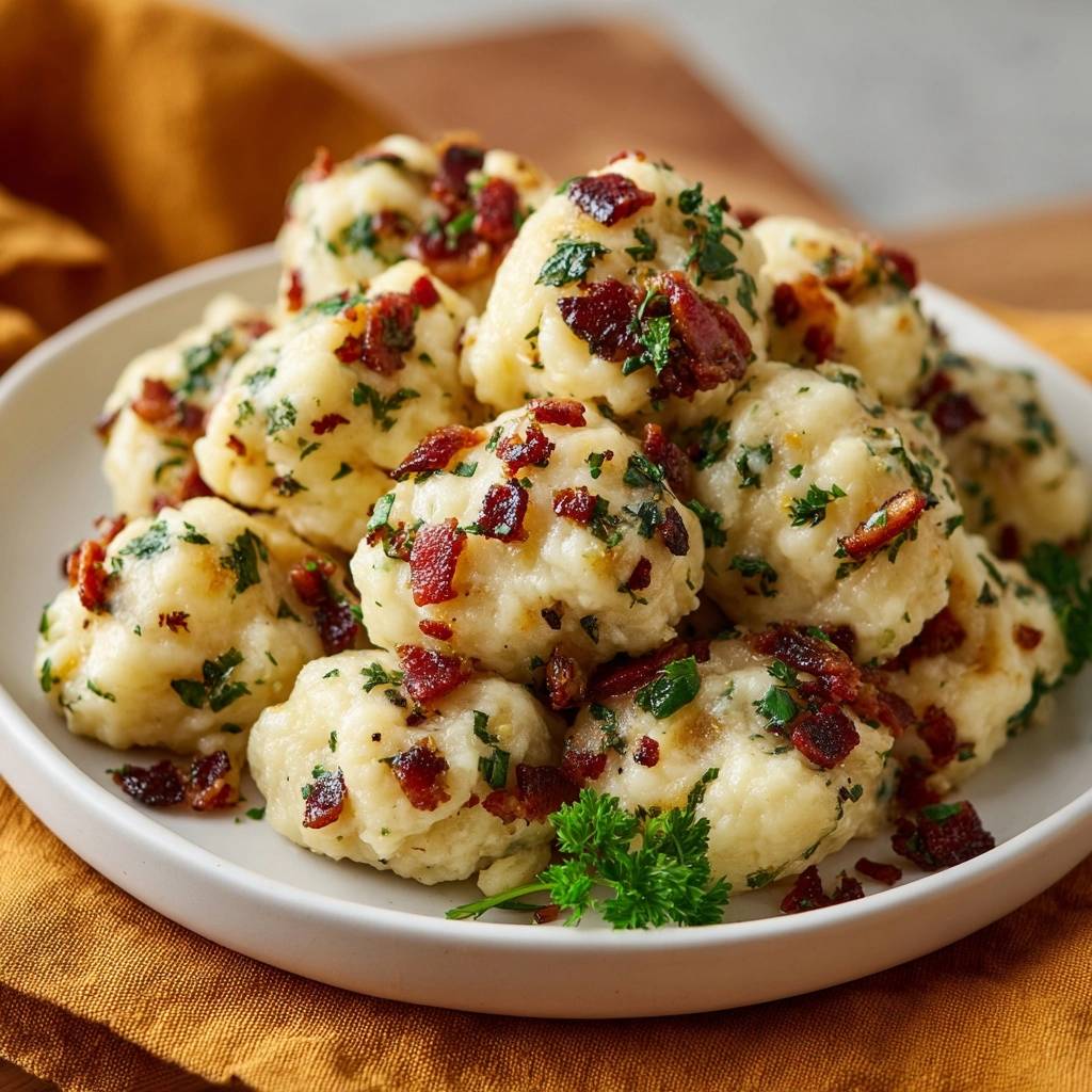 Speck Petersilien Kartoffelklsse Serviert 1 Speck-Petersilien-Kartoffelklöße serviert auf einem weißen Teller, garniert mit knusprigem Speck und frischer Petersilie. Ein köstliches herzhaftes Gericht.