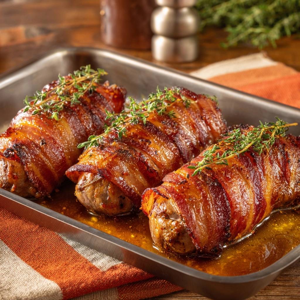 Speckumwickeltes Orangen Putenfilet Nahaufnahme 1 Speckumwickeltes Orangen-Putenfilet in Nahaufnahme, umwickelt mit knusprigem Speck und garniert mit frischen Kräutern, serviert in einer Bratpfanne.