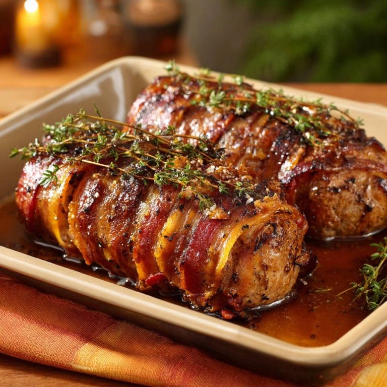Speckumwickeltes Orangen-Putenfilet in Nahaufnahme, garniert mit frischem Thymian und serviert in einer Auflaufform mit Bratenfond.
