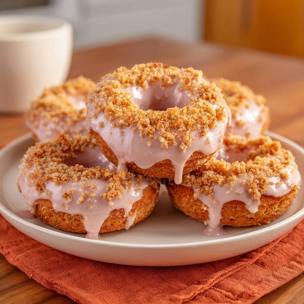 Streuseldonuts Mit Rosa Glasur Gestapelt 1 Streuseldonuts mit Rosa-Glasur, gestapelt auf einem Teller, mit tropfender Glasur und knusprigen Streuseln. Diese Donuts sind perfekt für einen süßen Genuss.