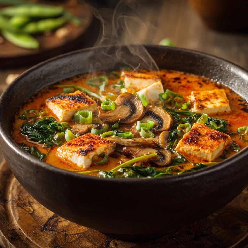 Thai Rotes Tofu Curry Nahaufnahme Mit Dampf 1 Thai Rotes Tofu-Curry in Nahaufnahme, dampfend heiß serviert, mit knusprig gebratenem Tofu, Champignons und frischen Kräutern.
