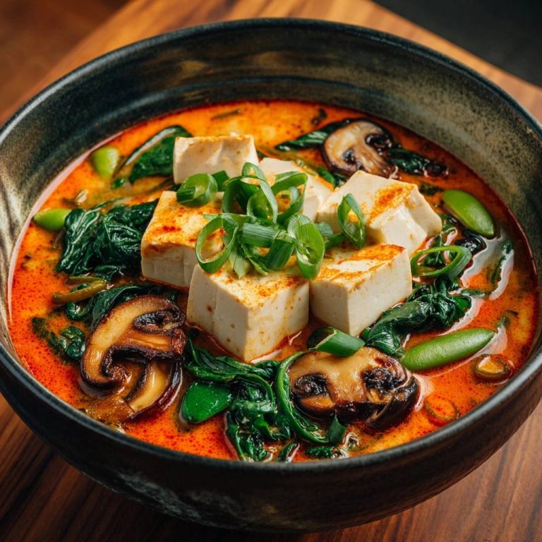 Thai Rotes Tofu-Curry, serviert in einer dunklen Schüssel, garniert mit frischen Frühlingszwiebeln und umgeben von Gemüse.