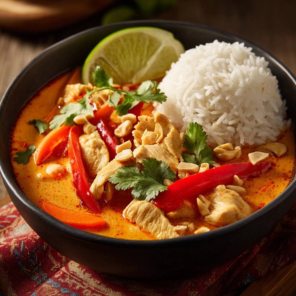 Thailaendisches Haehnchen Curry Mit Reis Serviert 1 Thailändisches Hähnchen-Curry mit Reis, serviert in einer schwarzen Schüssel, garniert mit Erdnüssen, Koriander und einer Limettenscheibe.