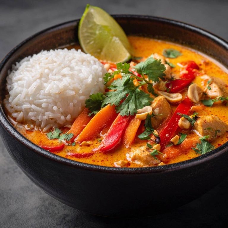 Thailändisches Hähnchen-Curry mit Reis wird in einer schwarzen Schüssel serviert, garniert mit frischem Koriander, Limette und Erdnüssen.