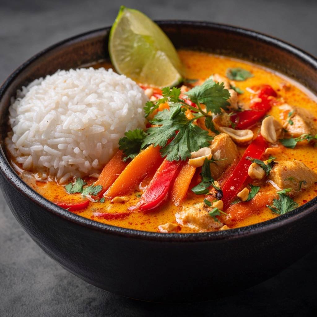 Thailändisches Hähnchen-Curry mit Reis wird in einer schwarzen Schüssel serviert, garniert mit frischem Koriander, Limette und Erdnüssen.