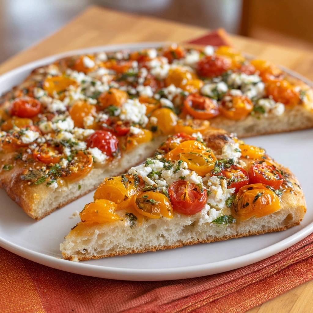 Thymian Tomaten Feta Fladen Querschnitt 1 Thymian-Tomaten-Feta-Fladen zeigt einen Anschnitt, der die saftigen Tomaten und den knusprigen Boden mit Feta-Käse-Topping offenbart.
