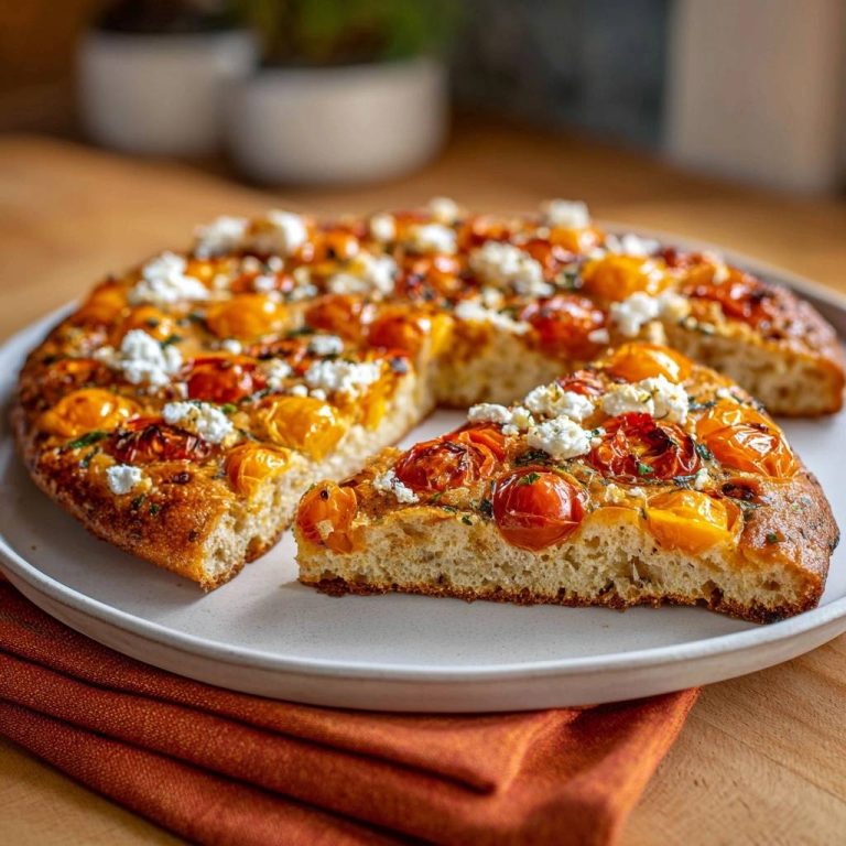 Thymian-Tomaten-Feta-Fladen mit einem Anschnitt, der die saftigen Tomaten und den krümeligen Feta-Käse zeigt.