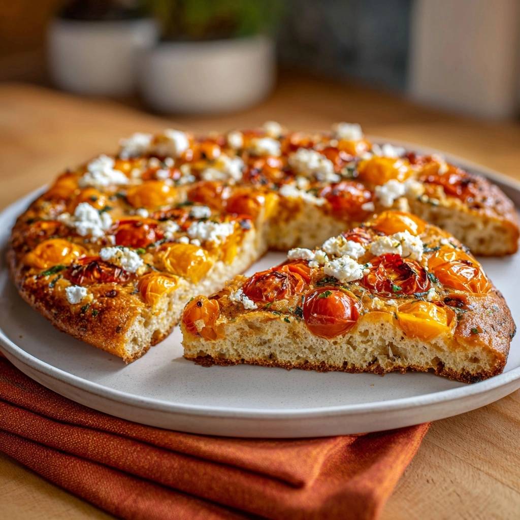 Thymian-Tomaten-Feta-Fladen mit einem Anschnitt, der die saftigen Tomaten und den krümeligen Feta-Käse zeigt.