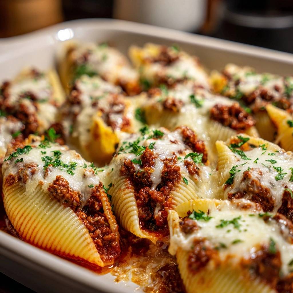 Ueberbackene Hackfleisch Conchiglie Nahaufnahme 1 Überbackene Hackfleisch-Conchiglie in Nahaufnahme, gefüllt mit Hackfleisch und bedeckt mit geschmolzenem Käse und frischer Petersilie.